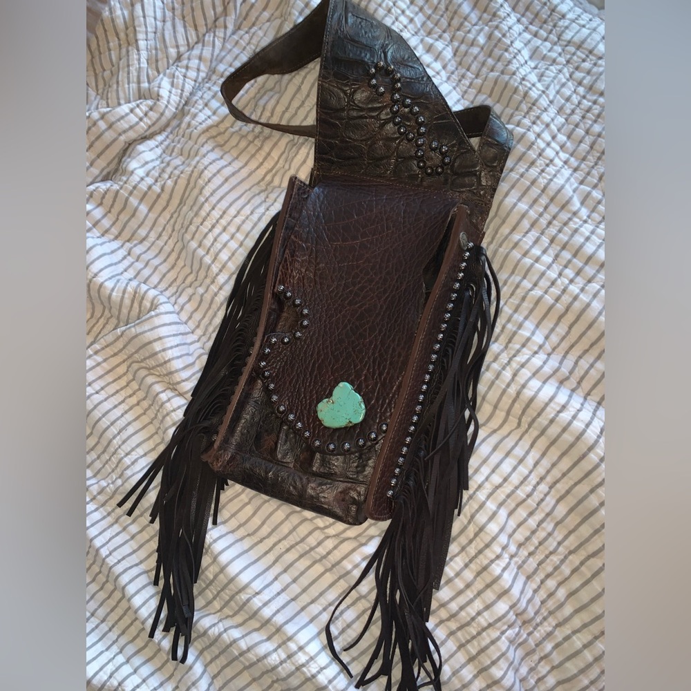 Arohoe Genuine Leather Crossbody purse with turquoise embellishment